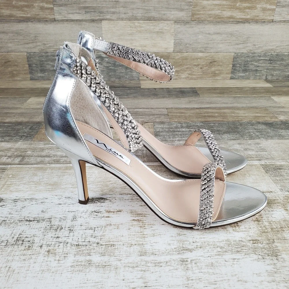 Nina Vauna Womens Sandals Sz 11 M Silver Rhinestone Ankle Strap Zip Kitten Heel